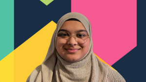a female student on a blue colourful background